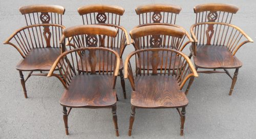 Set of Six Antique Elm Windsor Kitchen Armchairs