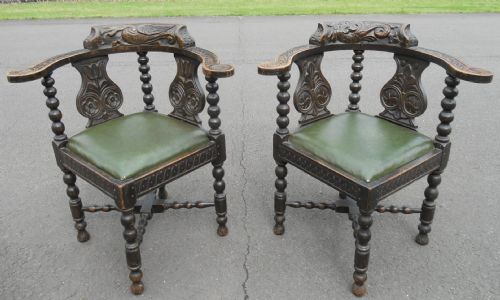Near Pair Victorian Carved Oak Corner Armchairs