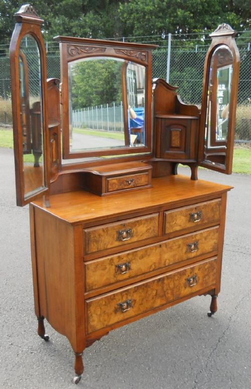 fig 1. Edwardian Burr Walnut Triple Mirror Dressing Chest