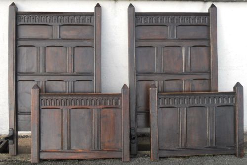 Pair Antique Panelled Dark Oak Single Beds