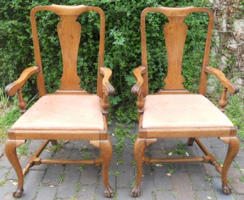 Pair Queen Anne Style Oak Carver Armchairs