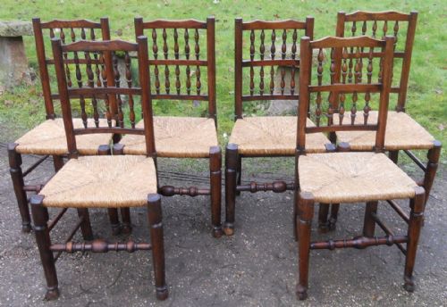 Set of Six Antique Elm Lancashire Spindle Back Dining Chairs
