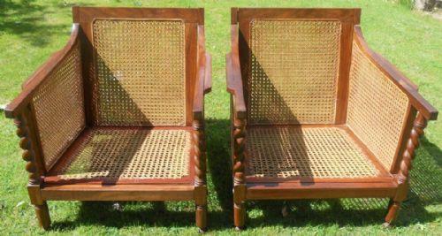 Pair Mahogany Framed Bergere Library Armchairs