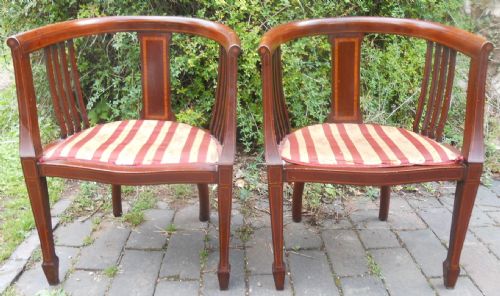 Pair Edwardian Inlaid Mahogany Tub Armchairs