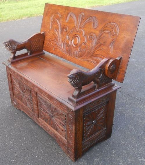 Edwardian Carved Oak Monks Bench