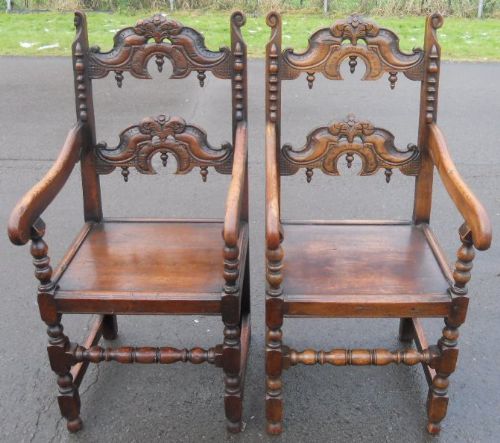 Pair Antique Tudor Style Oak Carver Armchairs