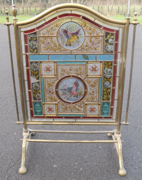 Edwardian Stained Glass Brass Framed Firescreen