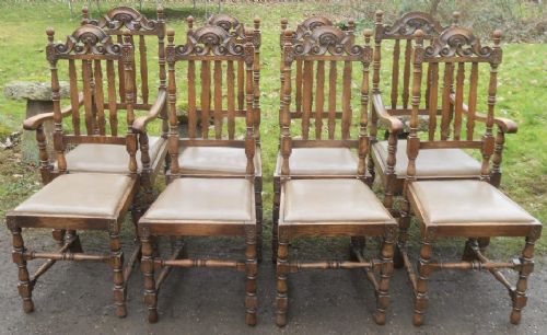 Set of Eight Jacobean Style Oak Highback Dining Chairs