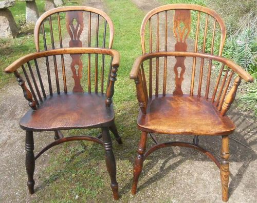 Two Antique Windsor Elm & Beech Kitchen Armchairs