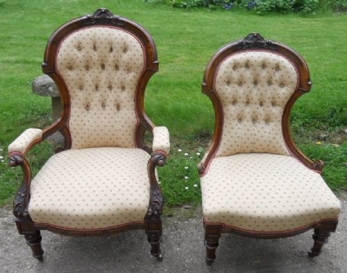 Victorian Walnut Ladies & Gents Upholstered Fireside Armchairs