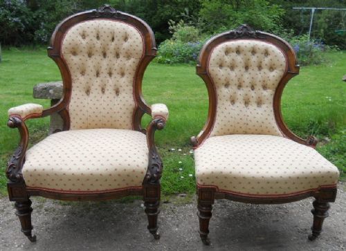 fig 1. Victorian Walnut Ladies & Gents Upholstered Fireside Armchairs