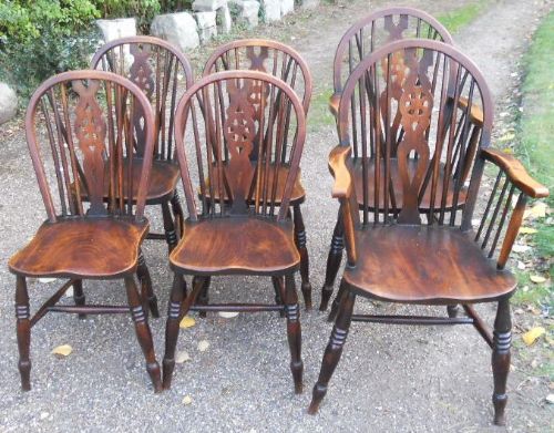 Set of Six Antique Elm Wheelback Kitchen Chairs