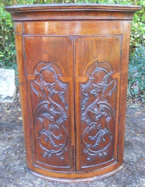 Georgian Carved Oak Bowfront Corner Cupboard