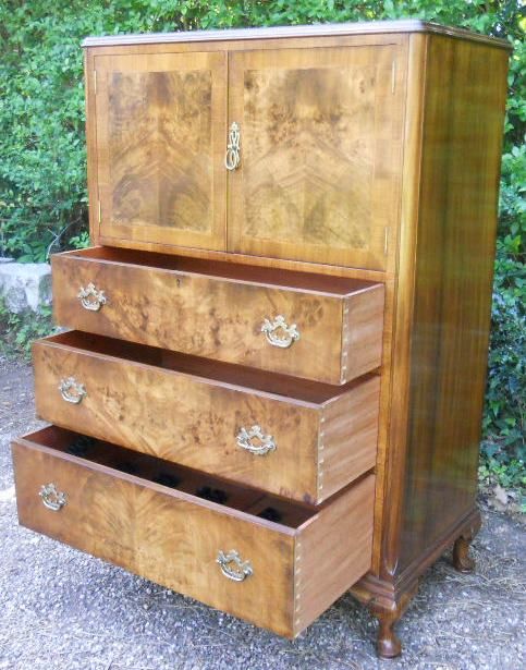 fig 1. Burr Walnut Tallboy by Waring & Gillow