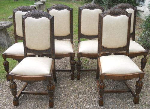 Set of Six Carved Oak Highback Dining Chairs