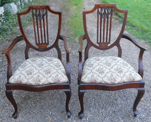 Pair Edwardian Inlaid Mahogany Salon Armchairs
