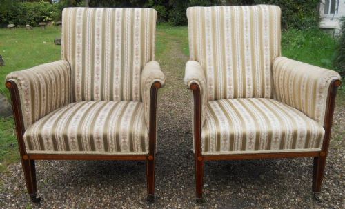 Pair Edwardian Inlaid Mahogany Upholstered Salon Armchairs