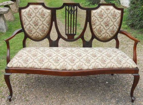 Edwardian Triple Shield Back Mahogany Salon Settee