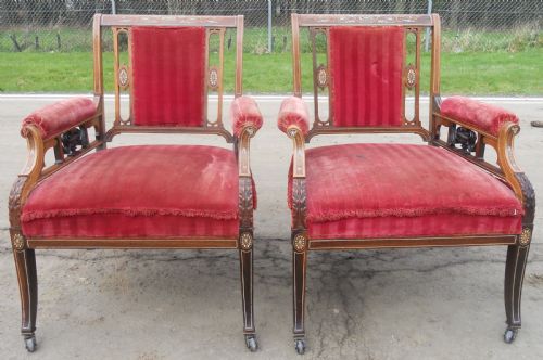 Pair of Edwardian Inlaid Mahogany Library Armchairs