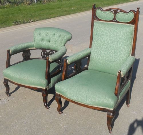 TWO ART NOUVEAU MAHOGANY SALON NURSING ARMCHAIRS - ADDITIONAL PHOTO 1