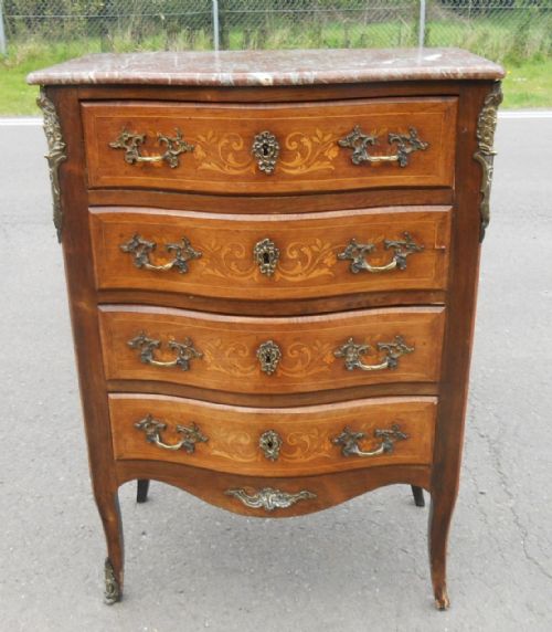 French Marble Top Small Walnut Inlaid Chest of Drawers