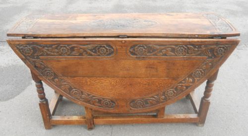 Large Antique Carved Oak Gateleg Dining Table