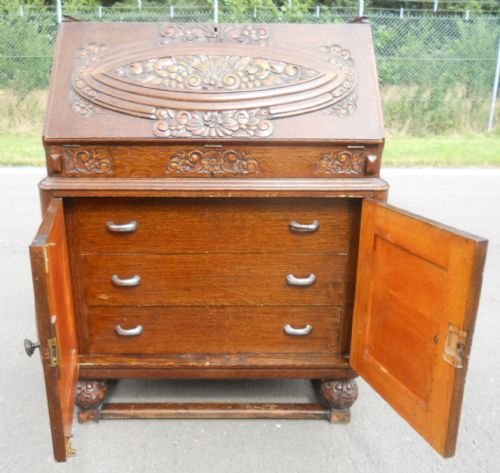 CARVED OAK WRITING BUREAU WITH MOVING INTERIOR - ADDITIONAL PHOTO 6