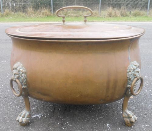 Large Oval Brass Lidded Log Bin