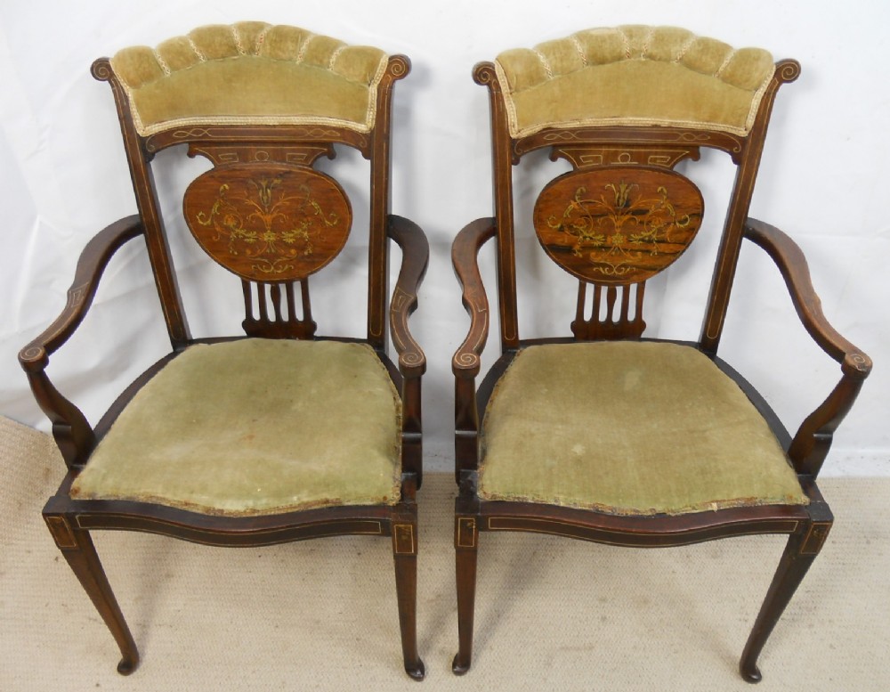 Pair Edwardian Inlaid Mahogany Salon Armchairs
