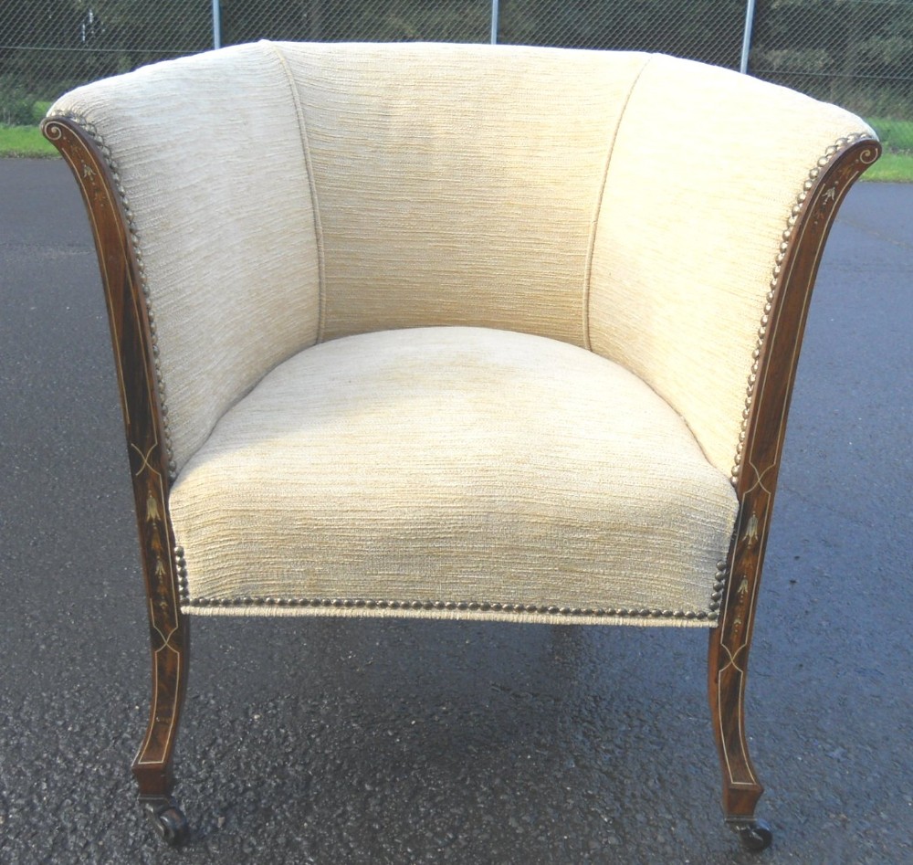 Edwardian Inlaid Mahogany Framed Upholstered Tub Armchair