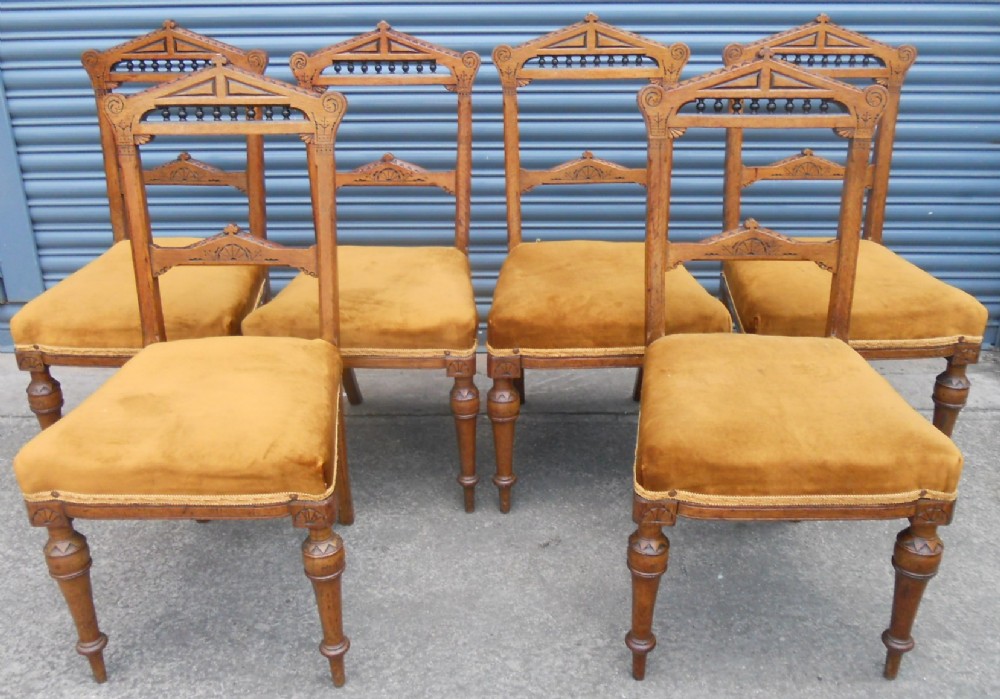 Set of Six Victorian Gothic Oak Dining Chairs 
