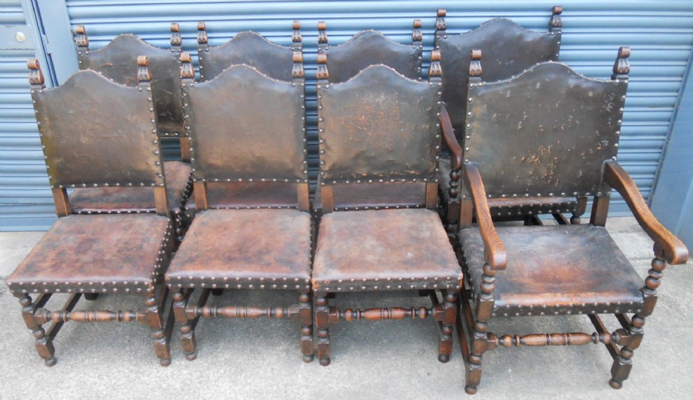 Set of Eight Cromwellian Style Oak & Leather Dining Chairs