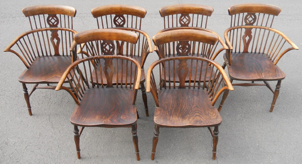 Set of Six Antique Elm Windsor Kitchen Armchairs 