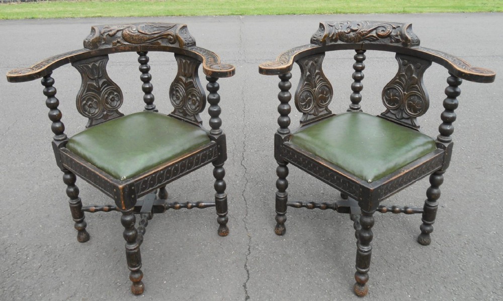 Near Pair Victorian Carved Oak Corner Armchairs 