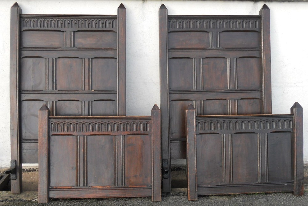 Pair Antique Panelled Dark Oak Single Beds