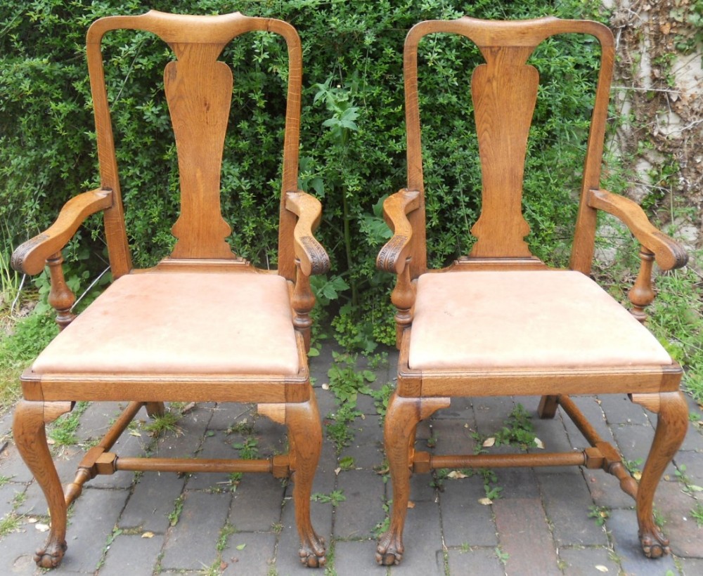 Pair Queen Anne Style Oak Carver Armchairs