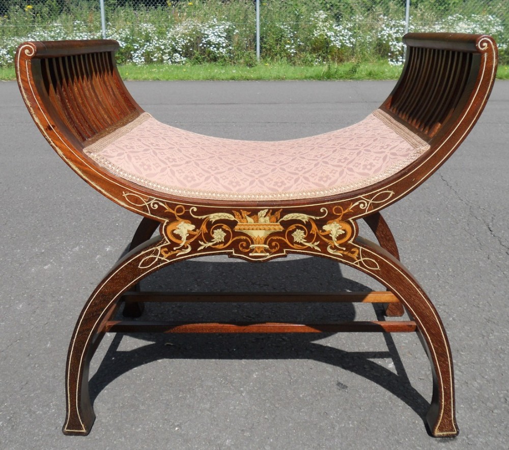 Edwardian Inlaid Mahogany 'X' Frame Stool 