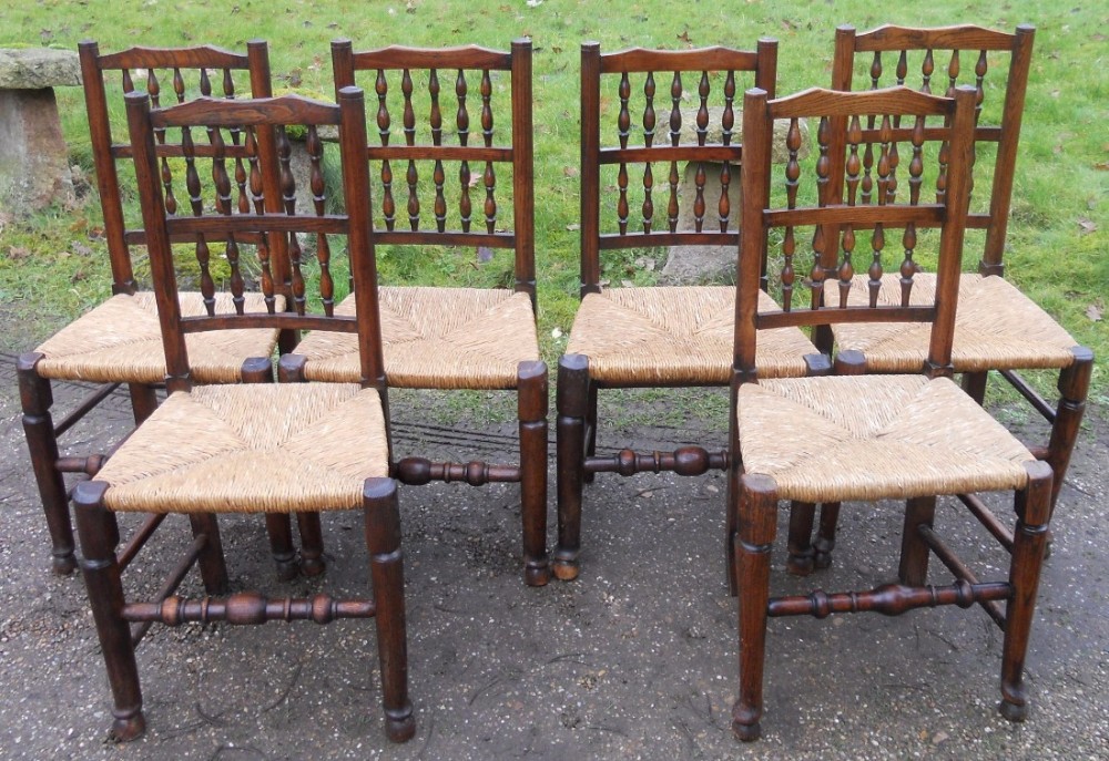 Set of Six Antique Elm Lancashire Spindle Back Dining Chairs 