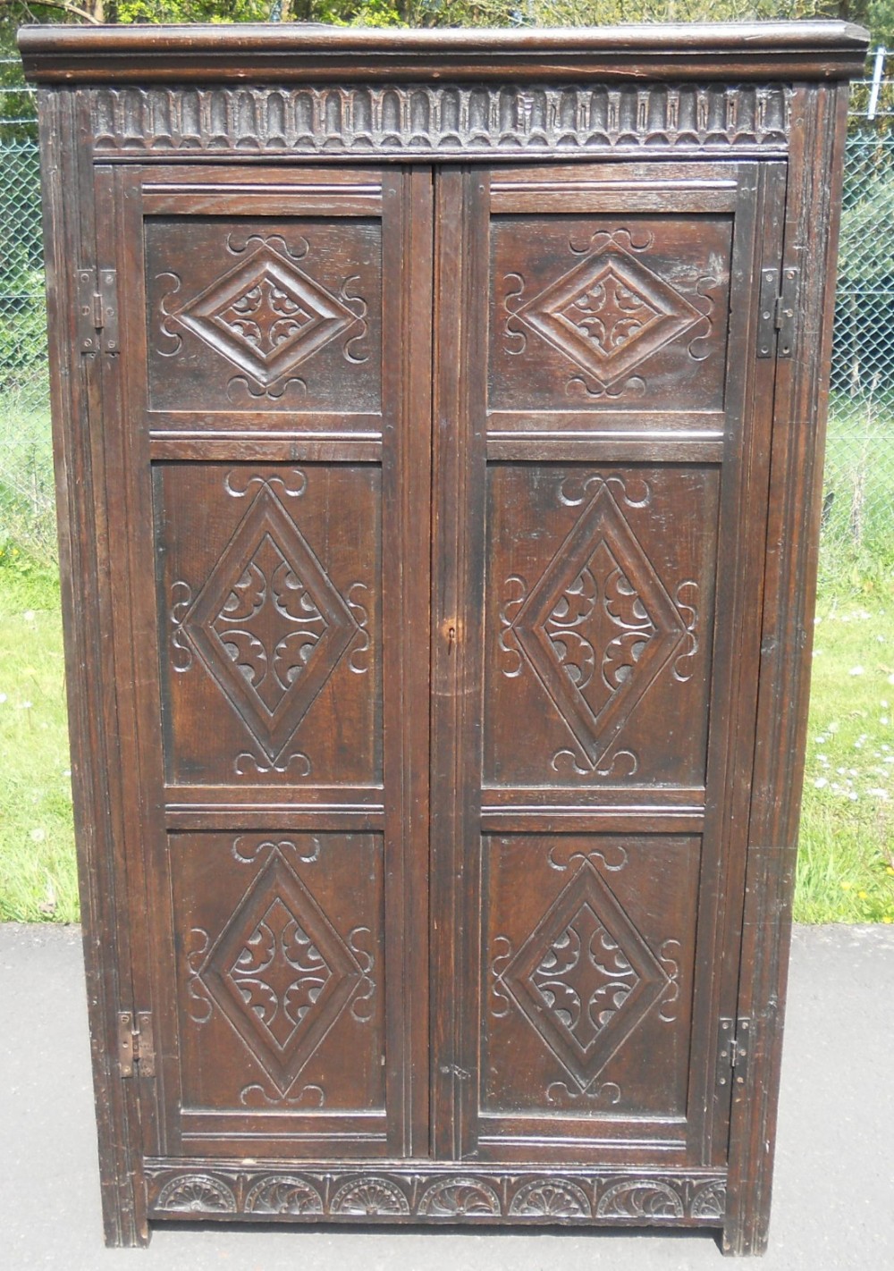 Antique Carved Dark Oak Panelled Narrow Cupboard 
