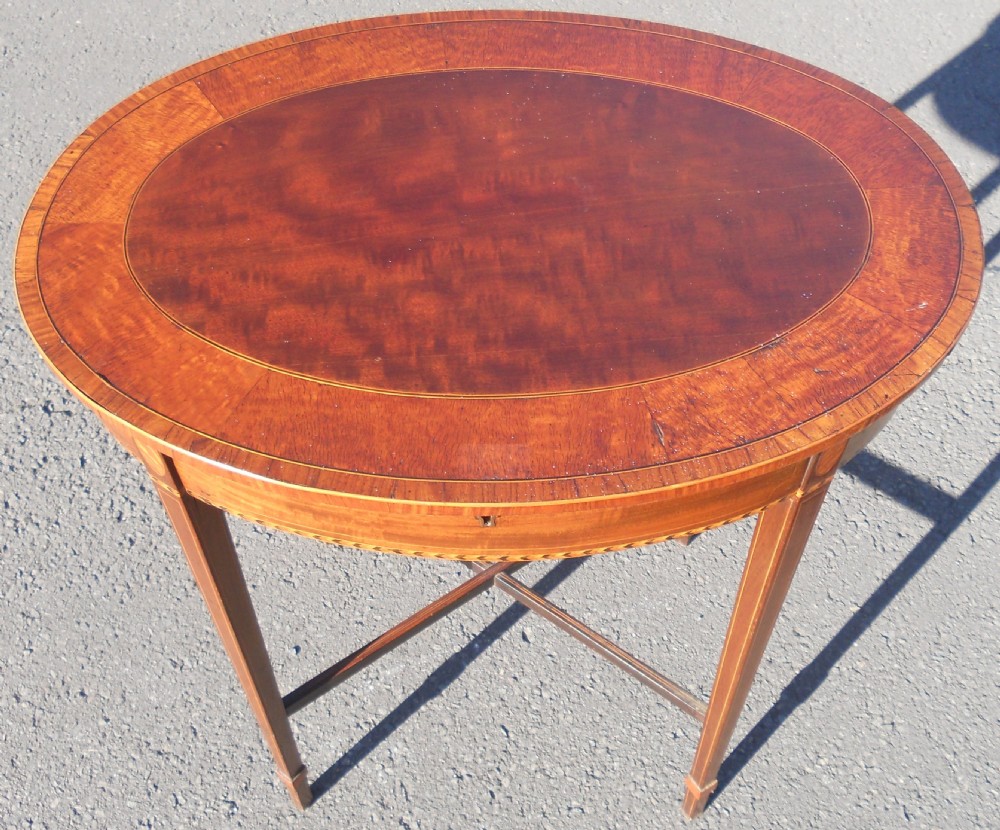Edwardian Oval Top Inlaid Mahogany Work Table  View III