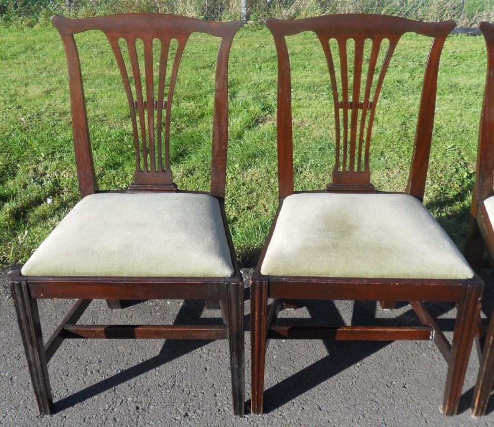 A set of four Georgian mahogany dining chairs featuring vertical pierced back splats, straight reeded front legs, and padded light-coloured seats. View II