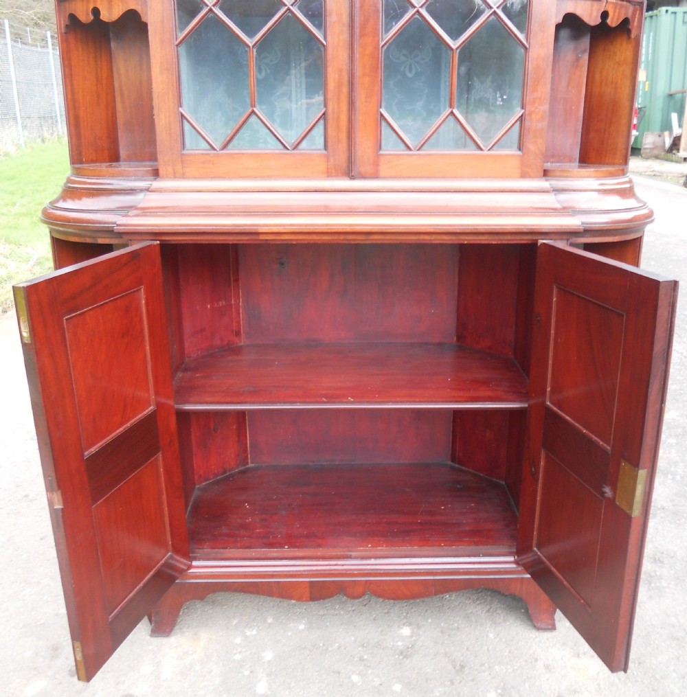 An Edwardian mahogany display cabinet featuring astragal glazed upper doors, lower panelled doors, open tiered side shelving, and decorative brass hardware. View VI