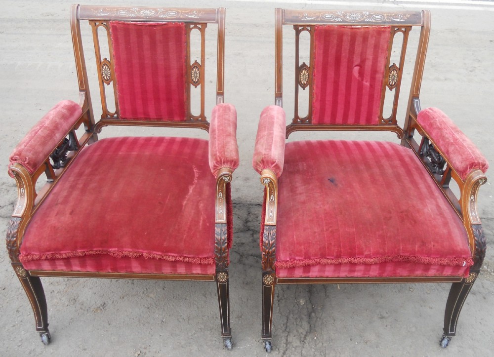Pair of Edwardian Inlaid Mahogany Library Armchairs View II