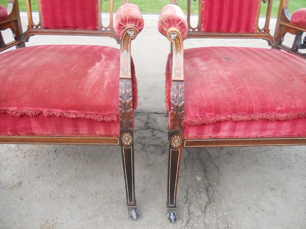 Pair of Edwardian Inlaid Mahogany Library Armchairs View IX