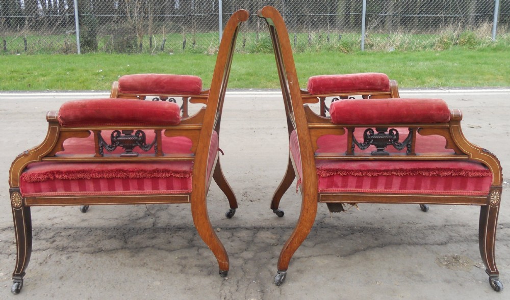 Pair of Edwardian Inlaid Mahogany Library Armchairs View XI