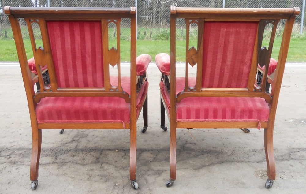 Pair of Edwardian Inlaid Mahogany Library Armchairs View XVI