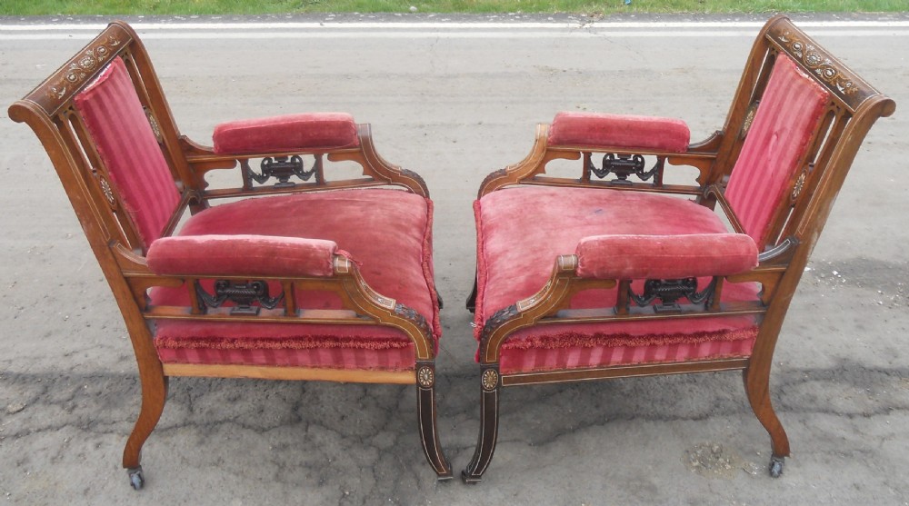 Pair of Edwardian Inlaid Mahogany Library Armchairs View XVII