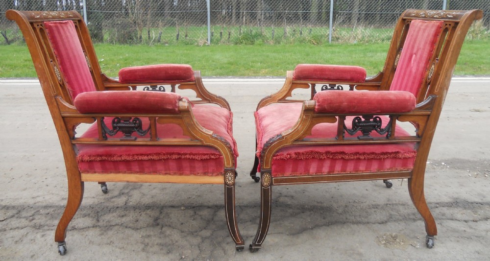 Pair of Edwardian Inlaid Mahogany Library Armchairs View XVIII