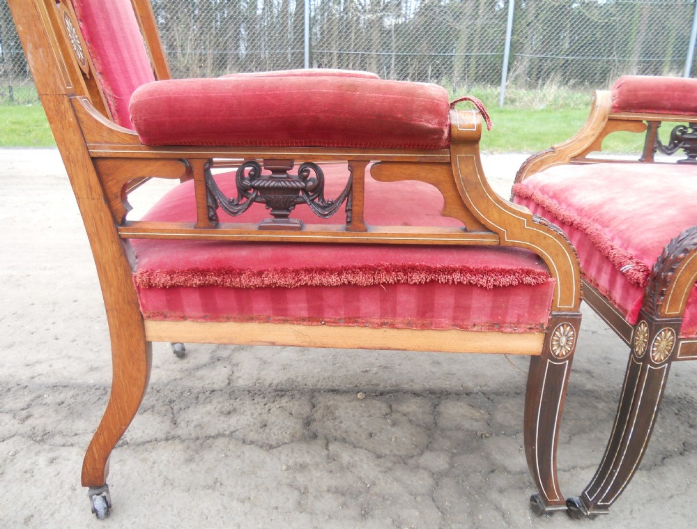Pair of Edwardian Inlaid Mahogany Library Armchairs View XIX