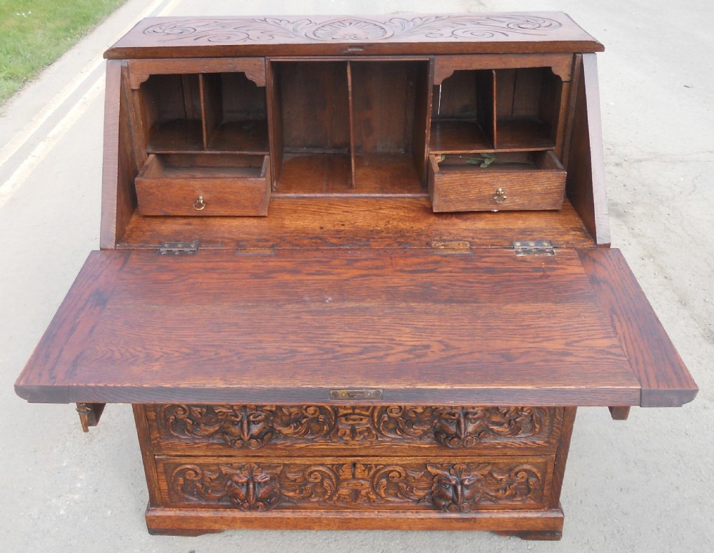 Victorian Carved Oak Writing Bureau  View X